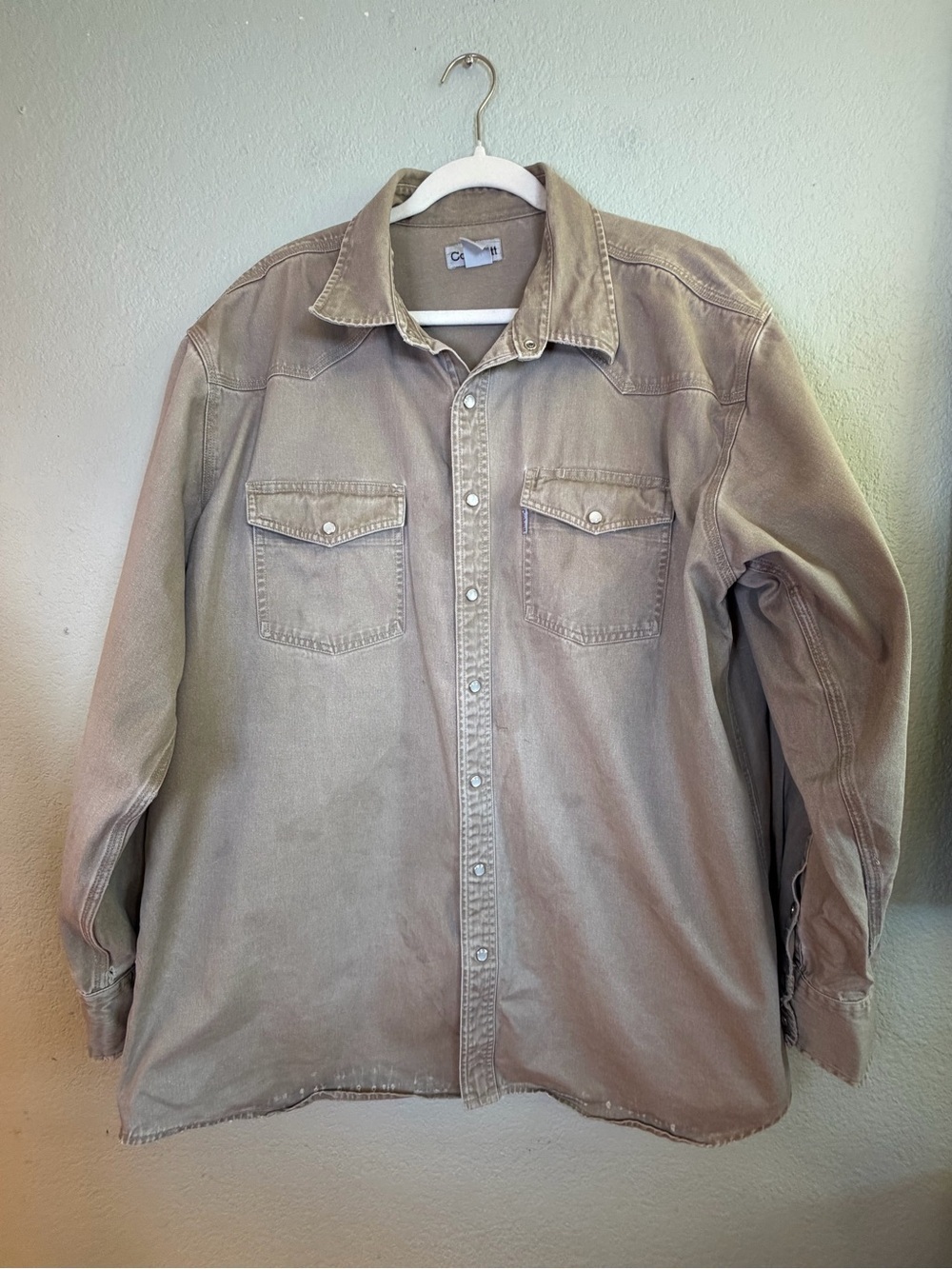 Carhartt Western Yoke Pearl Snap Button Up Thrashed Worn In Tan Cotton Shirt 2XL
